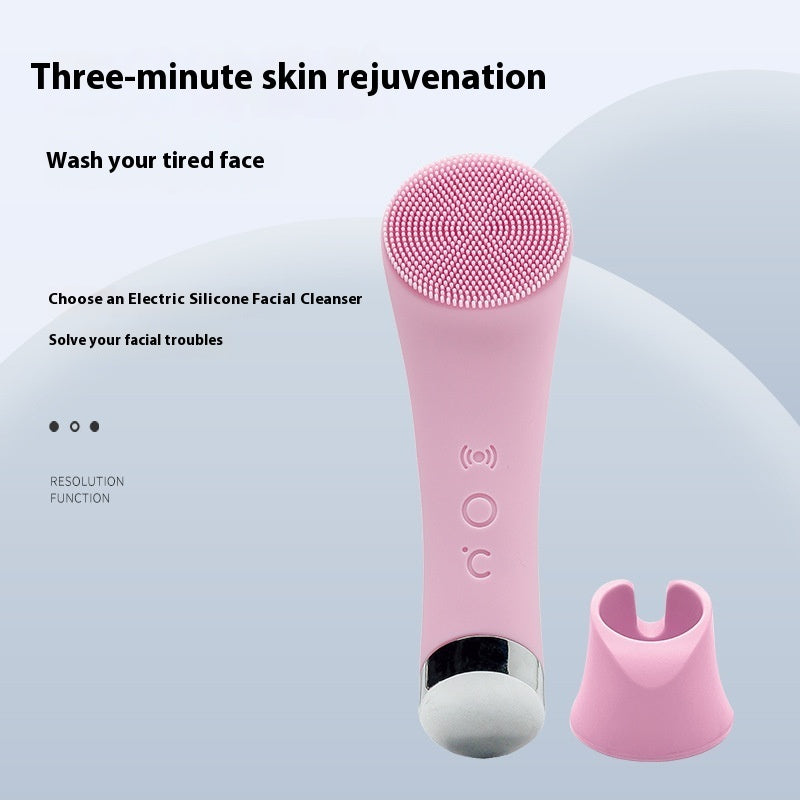 Pink silicone electric facial cleansing brush with holder – deep pore cleaner and skin rejuvenation tool