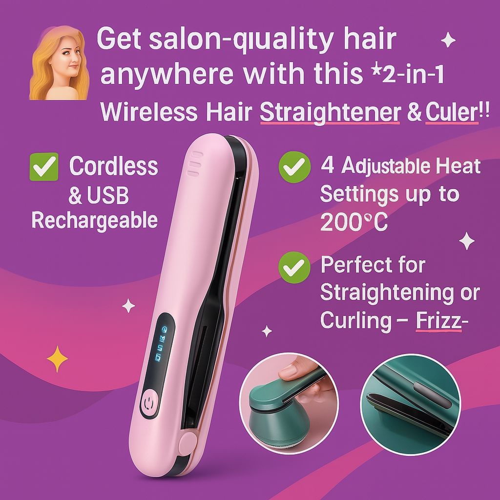Wireless Hair Straightener & Curler – 2-in-1 USB Portable, Rechargeable, 4 Heat Settings – For Dry & Wet Hair